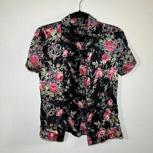 Vintage 90s Betsey Johnson Floral Silk short sleeve Button up Blouse Size 8